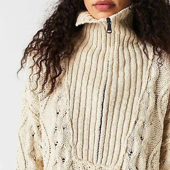 Free People Driftwood Cable Knit Polo in Ivory Size Medium M Fisherman Oversized - Picture 8 of 16